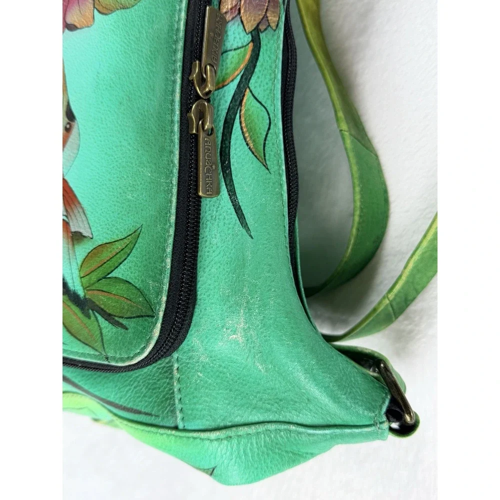 Anuschka‎ Hand Painted Green Leather Handbag Purse Birds Floral Organizer Art